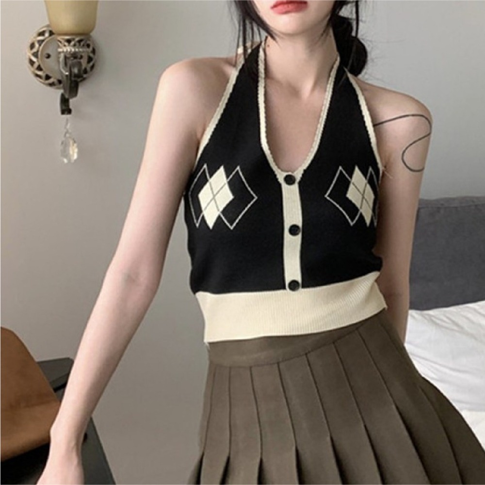 【JDUDS】美式露背菱格短款背心  甜辣純欲風 吊帶背心 冰絲上衣 短款背心 掛脖針織背心-細節圖3