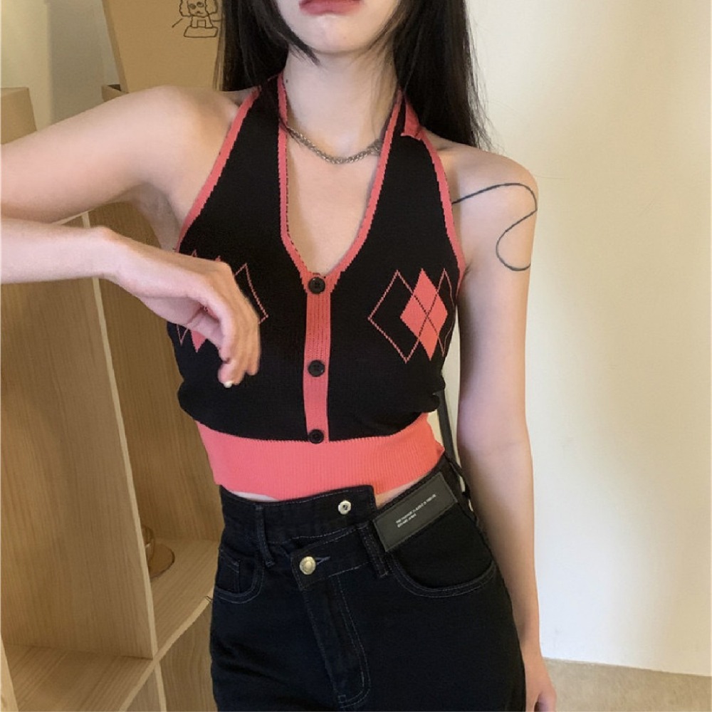 【JDUDS】美式露背菱格短款背心  甜辣純欲風 吊帶背心 冰絲上衣 短款背心 掛脖針織背心-細節圖4