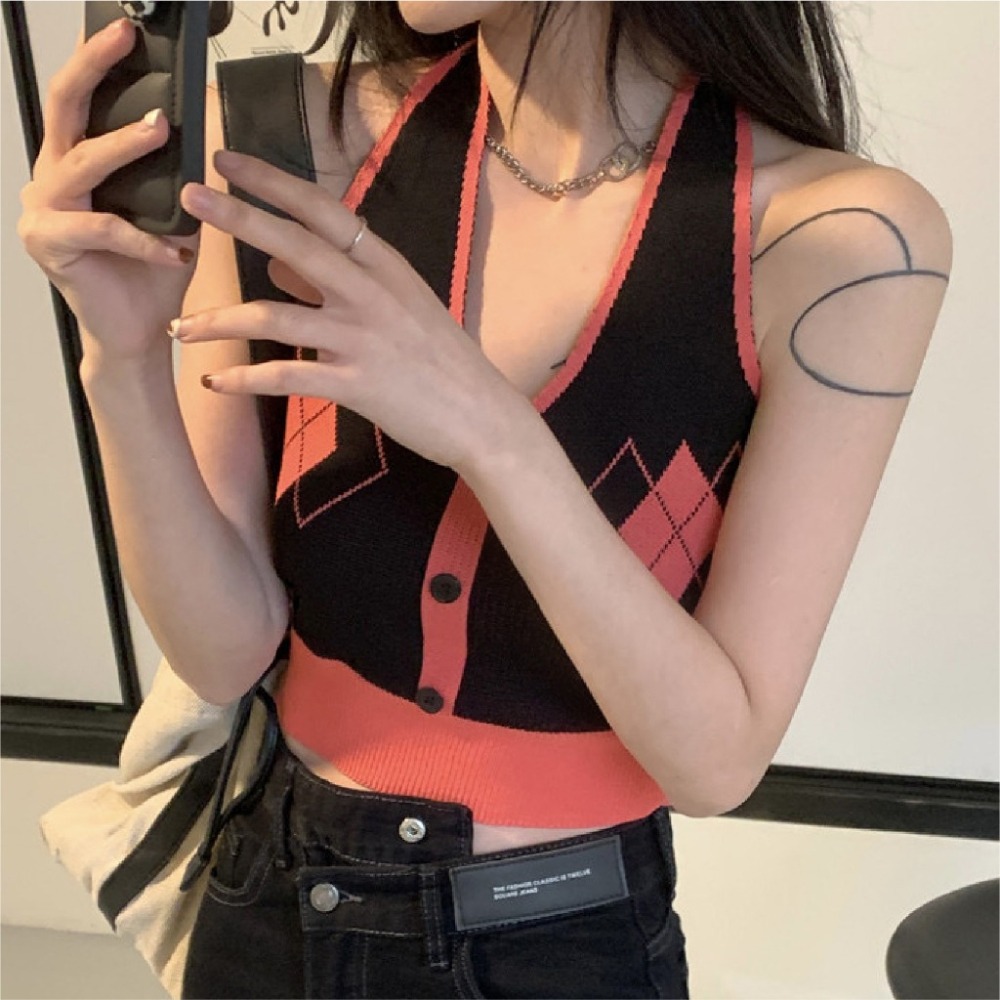 【JDUDS】美式露背菱格短款背心  甜辣純欲風 吊帶背心 冰絲上衣 短款背心 掛脖針織背心-細節圖7