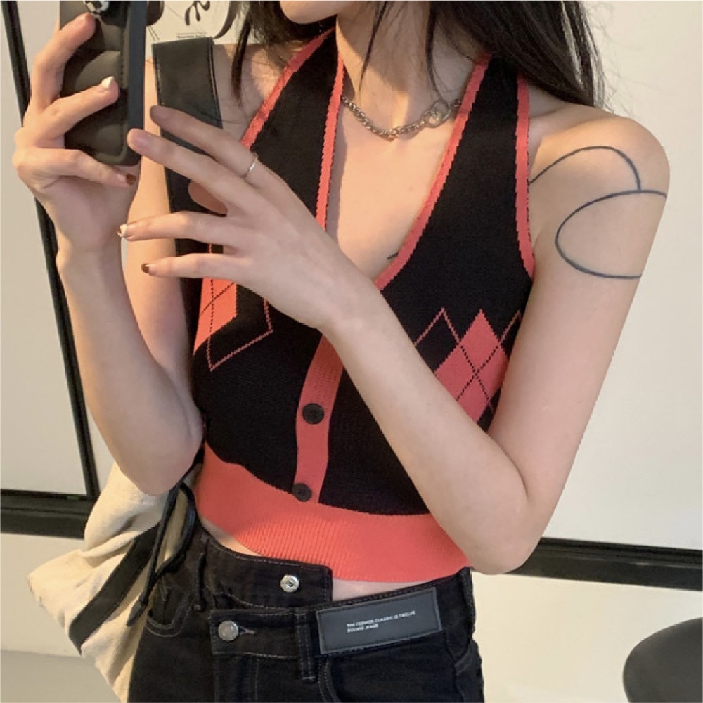 【JDUDS】美式露背菱格短款背心  甜辣純欲風 吊帶背心 冰絲上衣 短款背心 掛脖針織背心-規格圖9
