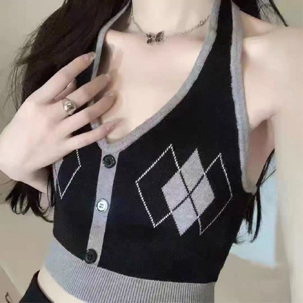 【JDUDS】美式露背菱格短款背心  甜辣純欲風 吊帶背心 冰絲上衣 短款背心 掛脖針織背心-規格圖9