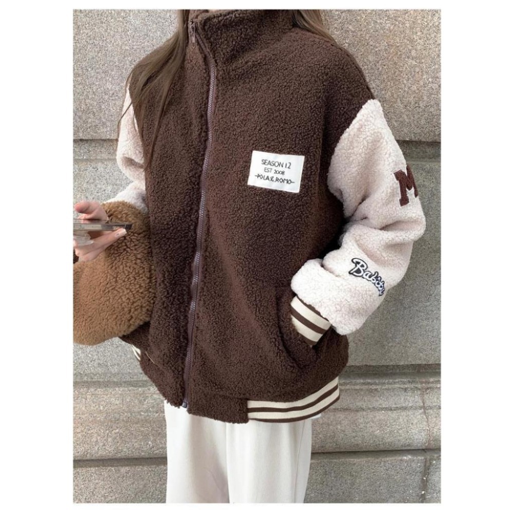 【JDUDS】網紅秋冬新款加厚仿羊羔絨棒球外套 仿羊羔絨外套 保暖外套 秋冬外套 休閒外套-細節圖3