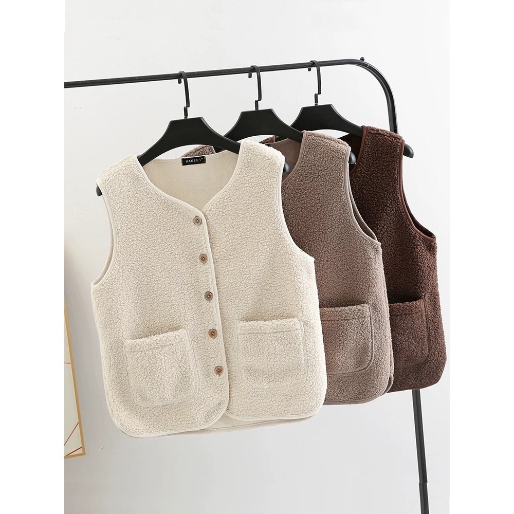 【JDUDS】仿羊羔絨開衫馬甲女生口袋背心 鈕扣背心 絨毛背心 韓系背心 毛毛背心 可愛背心 顆粒絨背心-細節圖8