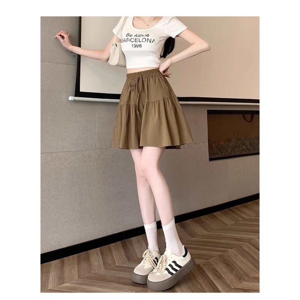 【JDUDS】慵懶風系帶五分褲裙 女短褲 休閒高腰短褲 闊腿短褲 冰絲短褲 短褲裙 顯瘦短褲 蛋糕褲裙-細節圖3