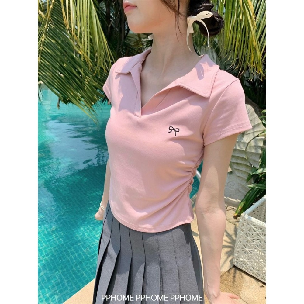 【JDUDS】POLO領蝴蝶結抓皺收腰上衣 韓系上衣 腰部抓皺上衣 皺褶上衣 甜辣風短袖 女裝 短袖-細節圖2