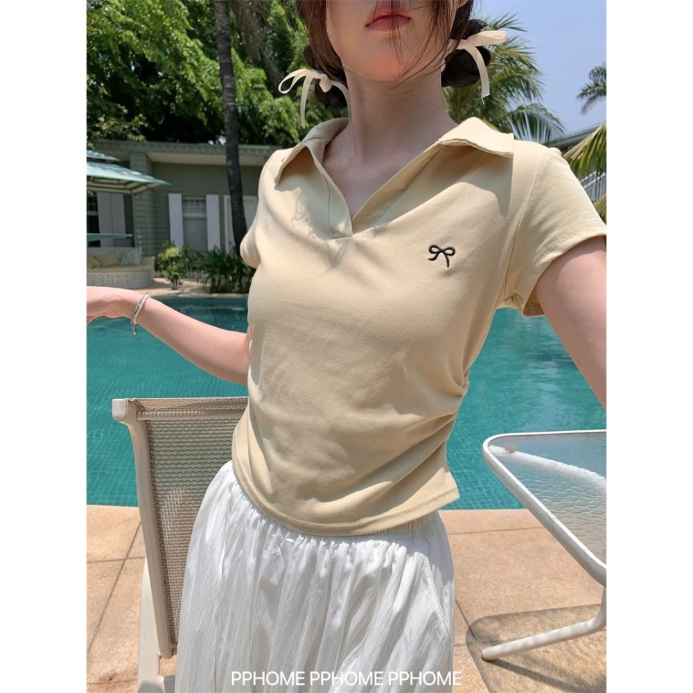 【JDUDS】POLO領蝴蝶結抓皺收腰上衣 韓系上衣 腰部抓皺上衣 皺褶上衣 甜辣風短袖 女裝 短袖-細節圖3