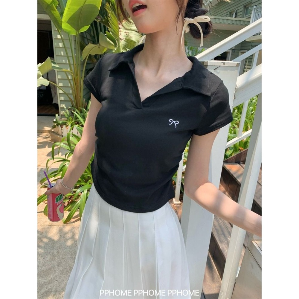 【JDUDS】POLO領蝴蝶結抓皺收腰上衣 韓系上衣 腰部抓皺上衣 皺褶上衣 甜辣風短袖 女裝 短袖-細節圖4