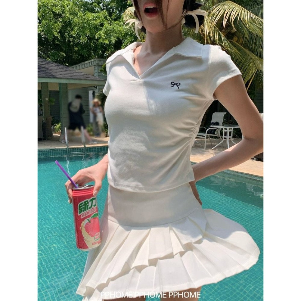 【JDUDS】POLO領蝴蝶結抓皺收腰上衣 韓系上衣 腰部抓皺上衣 皺褶上衣 甜辣風短袖 女裝 短袖-細節圖5