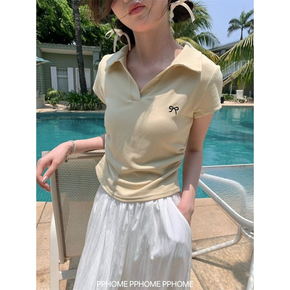 【JDUDS】POLO領蝴蝶結抓皺收腰上衣 韓系上衣 腰部抓皺上衣 皺褶上衣 甜辣風短袖 女裝 短袖-細節圖6