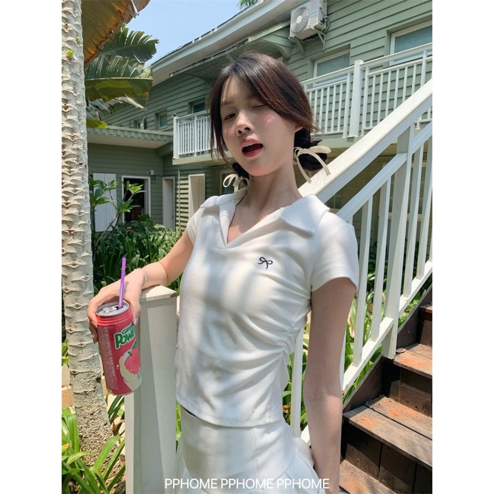 【JDUDS】POLO領蝴蝶結抓皺收腰上衣 韓系上衣 腰部抓皺上衣 皺褶上衣 甜辣風短袖 女裝 短袖-細節圖8