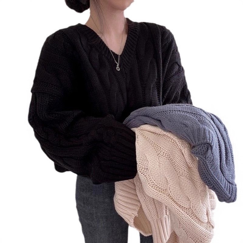 【JDUDS】韓系秋冬復古麻花V領寬鬆毛衣 針織上衣 短版上衣 針織衫 V領毛衣 長袖針織毛衣-細節圖2