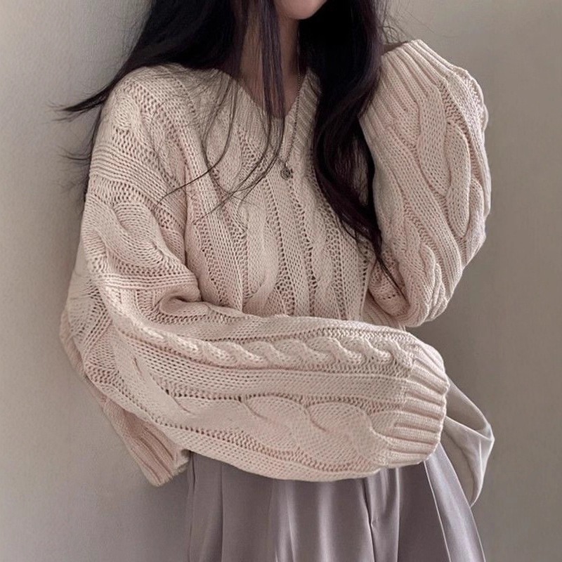 【JDUDS】韓系秋冬復古麻花V領寬鬆毛衣 針織上衣 短版上衣 針織衫 V領毛衣 長袖針織毛衣-細節圖9