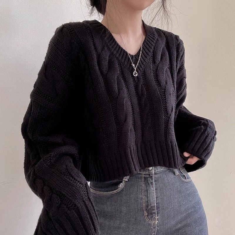 【JDUDS】韓系秋冬復古麻花V領寬鬆毛衣 針織上衣 短版上衣 針織衫 V領毛衣 長袖針織毛衣-規格圖9