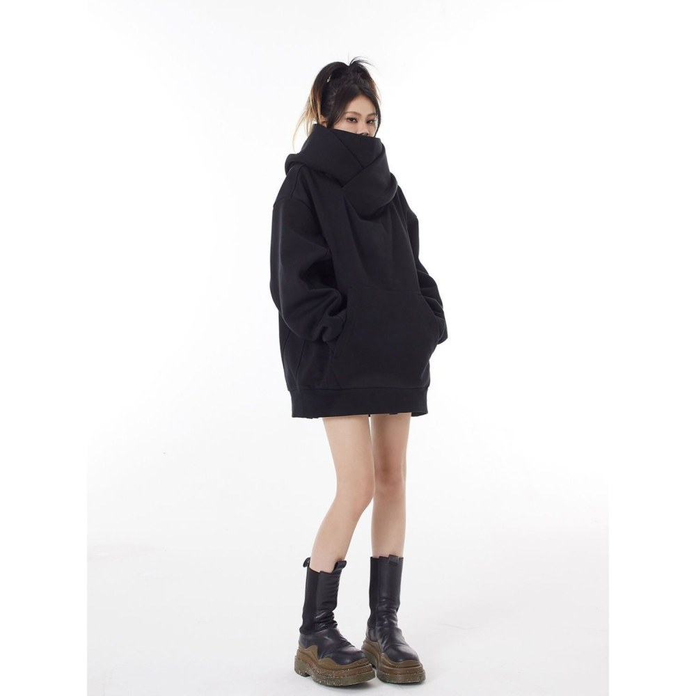 【JDUDS】忍者帽T男女加絨連帽上衣 美式堆堆領 寬鬆帽T 高領面罩上衣 情侶上衣 大學帽T 保暖帽T-細節圖2