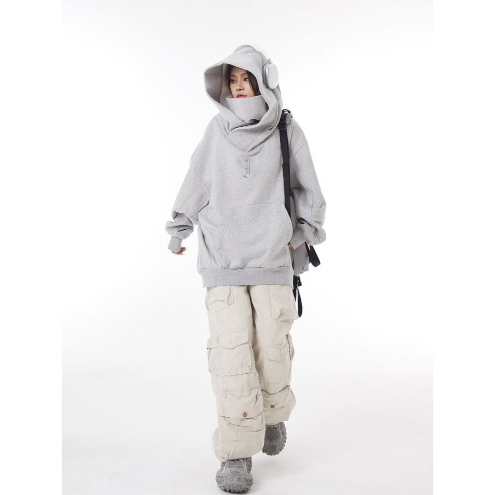 【JDUDS】忍者帽T男女加絨連帽上衣 美式堆堆領 寬鬆帽T 高領面罩上衣 情侶上衣 大學帽T 保暖帽T-細節圖3