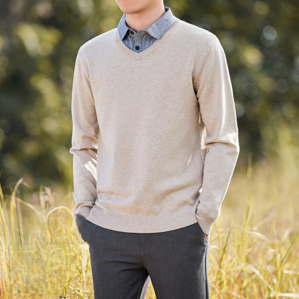 【JDUDS】男士秋冬V領針織衫 男士毛衣 套頭針織毛衣 休閒針織衫 長袖針織衫 純色針織上衣-細節圖2