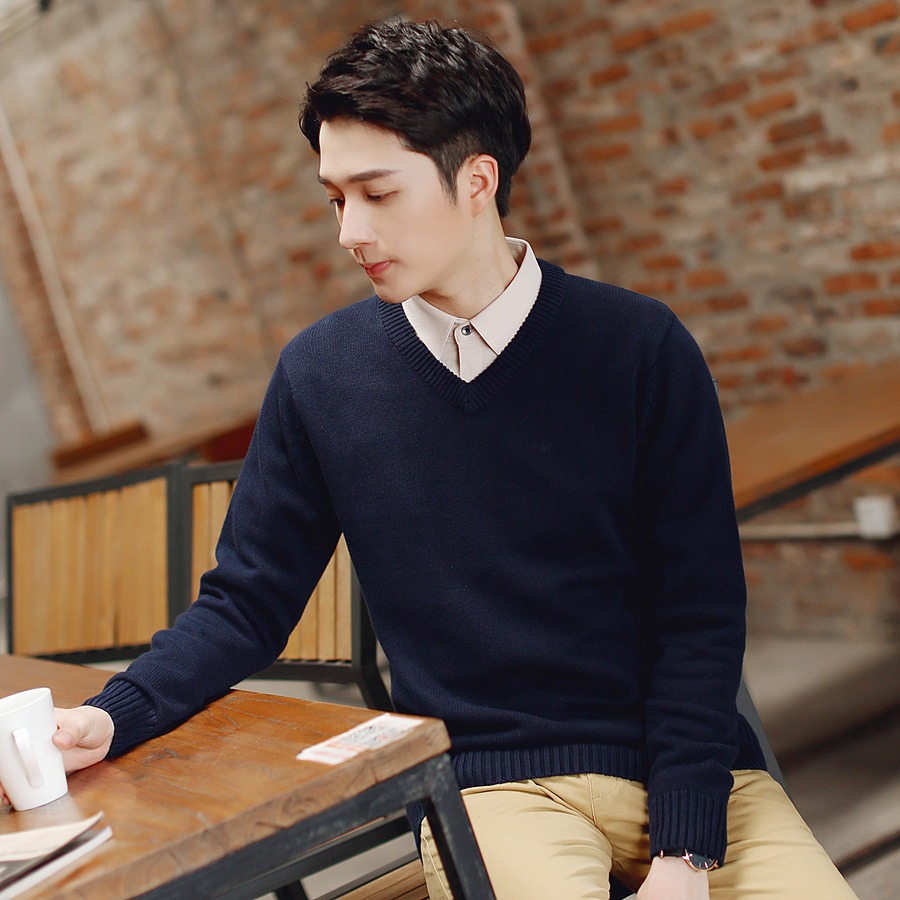 【JDUDS】男士秋冬V領針織衫 男士毛衣 套頭針織毛衣 休閒針織衫 長袖針織衫 純色針織上衣-細節圖5