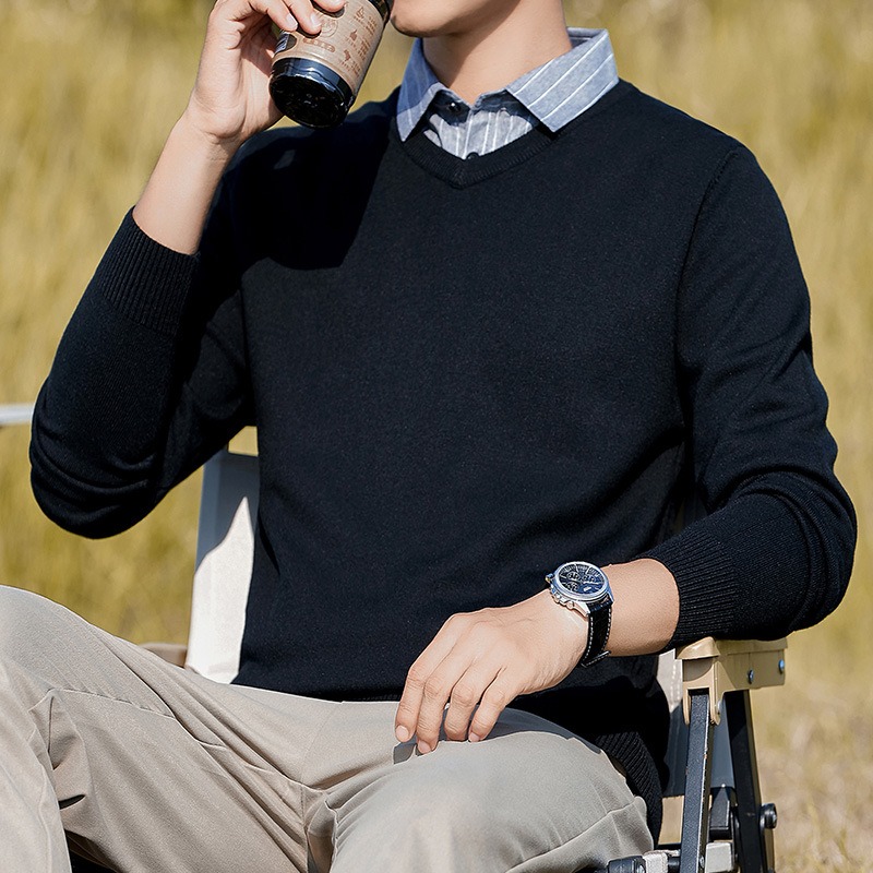 【JDUDS】男士秋冬V領針織衫 男士毛衣 套頭針織毛衣 休閒針織衫 長袖針織衫 純色針織上衣-細節圖10