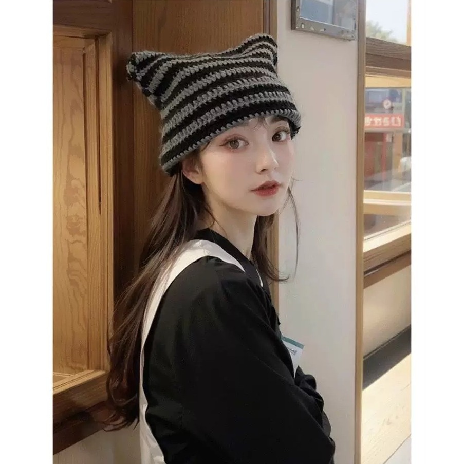 【JDUDS】日系貓咪耳朵針織帽 貓耳帽 女毛線帽 秋冬保暖帽 條紋帽 可愛毛帽-細節圖3