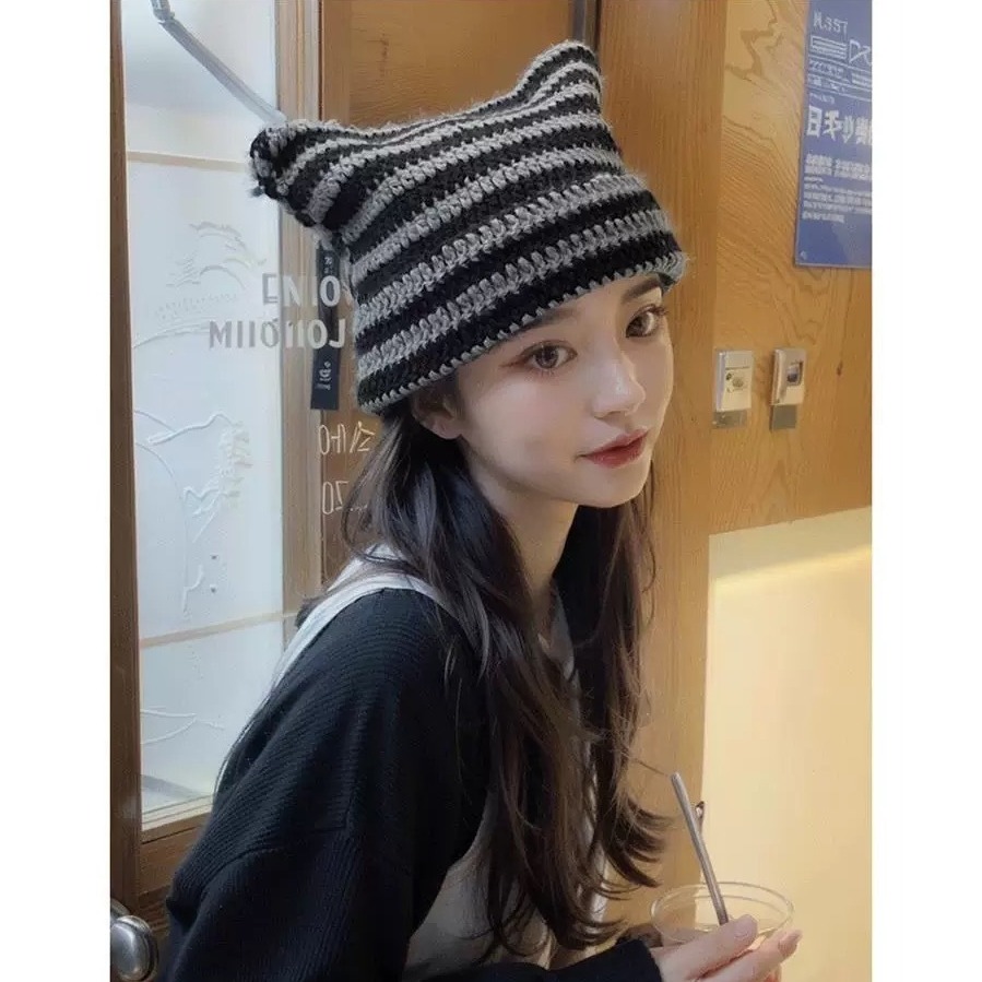 【JDUDS】日系貓咪耳朵針織帽 貓耳帽 女毛線帽 秋冬保暖帽 條紋帽 可愛毛帽-細節圖4