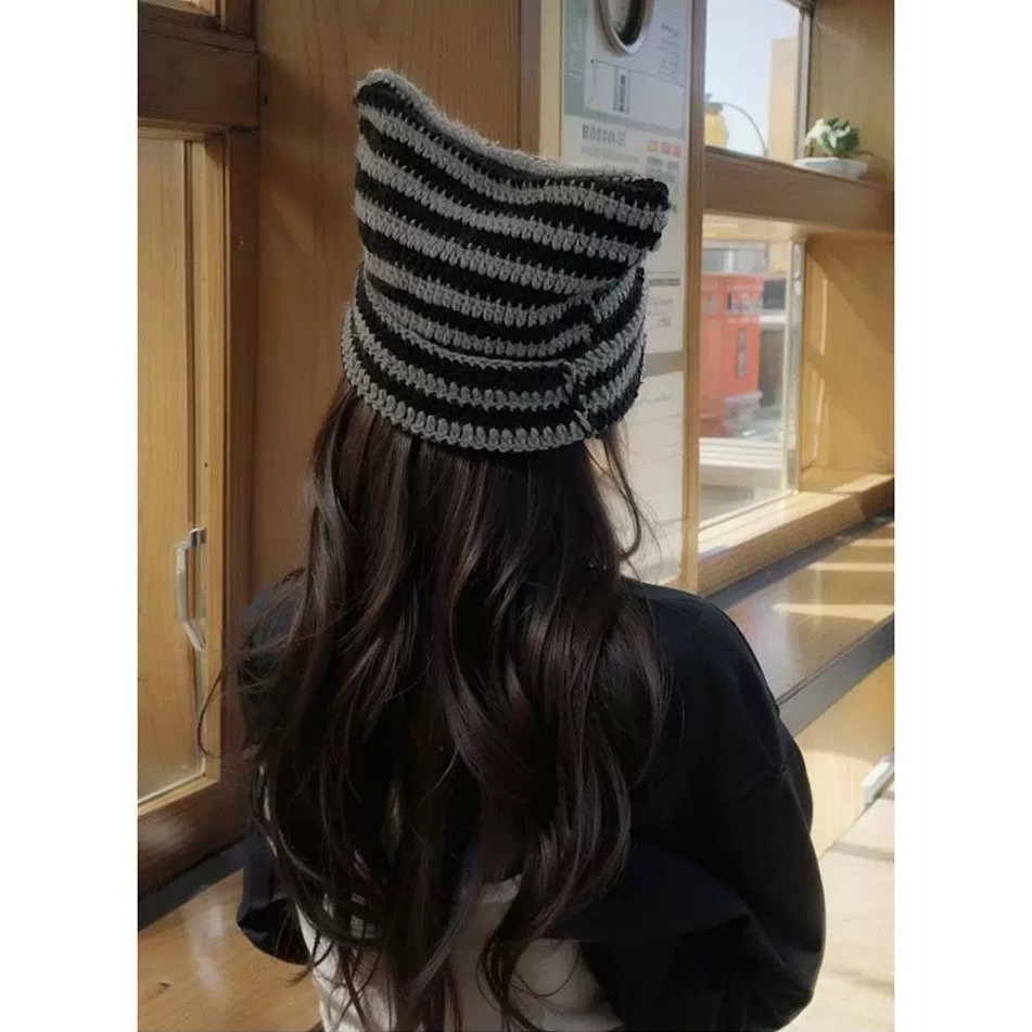 【JDUDS】日系貓咪耳朵針織帽 貓耳帽 女毛線帽 秋冬保暖帽 條紋帽 可愛毛帽-細節圖5