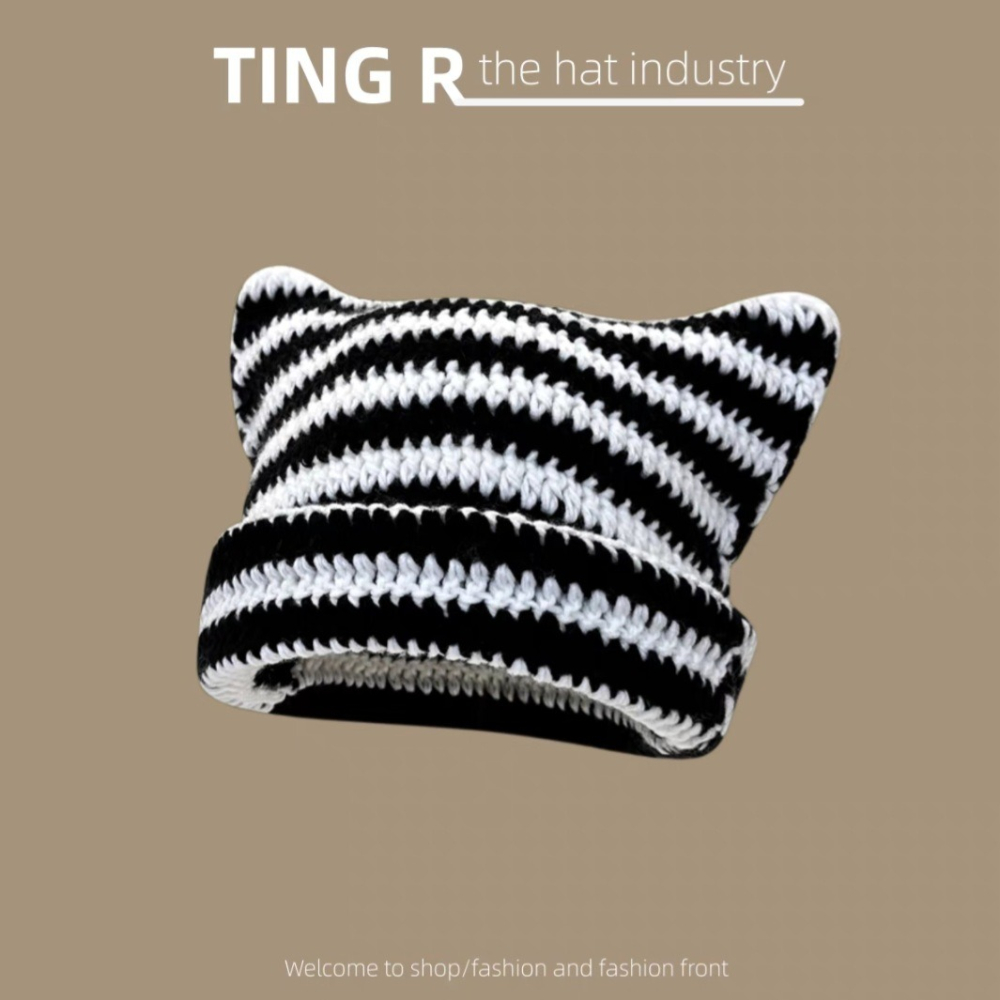 【JDUDS】日系貓咪耳朵針織帽 貓耳帽 女毛線帽 秋冬保暖帽 條紋帽 可愛毛帽-細節圖8