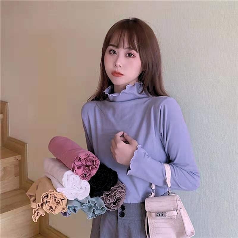 【JDUDS】木耳邊半高領純色打底衫 木耳邊內搭長袖 顯瘦修身長袖 內搭上衣 木耳邊上衣 女長袖打底-細節圖2