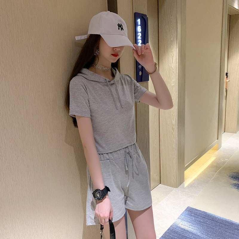 【JDUDS】休閒連帽短袖上衣+短褲兩件套 休閒套裝 運動服套裝 居家 舒適 簡約 運動風-細節圖3