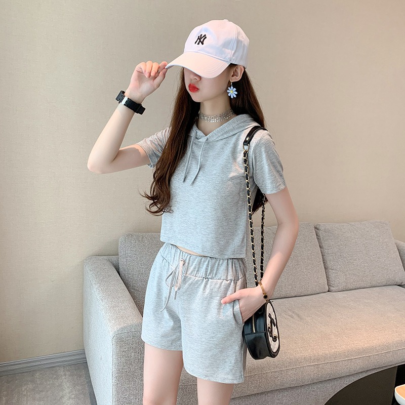 【JDUDS】休閒連帽短袖上衣+短褲兩件套 休閒套裝 運動服套裝 居家 舒適 簡約 運動風-細節圖4