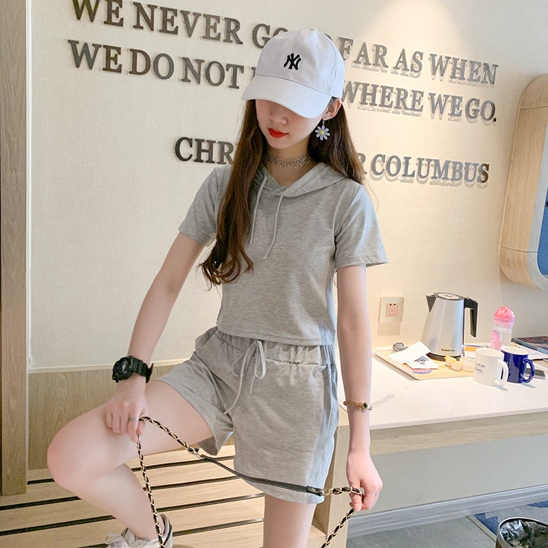 【JDUDS】休閒連帽短袖上衣+短褲兩件套 休閒套裝 運動服套裝 居家 舒適 簡約 運動風-細節圖6