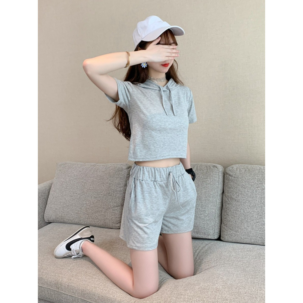 【JDUDS】休閒連帽短袖上衣+短褲兩件套 休閒套裝 運動服套裝 居家 舒適 簡約 運動風-細節圖8