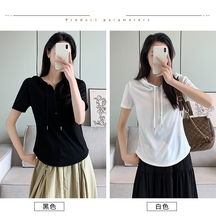 【JDUDS】冰絲半拉鍊連帽短袖T恤 短袖連帽上衣 韓系設計感 春夏款上衣 女短袖T-細節圖2