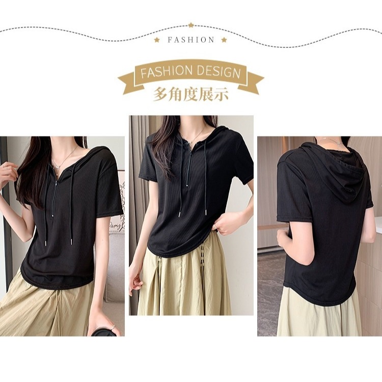 【JDUDS】冰絲半拉鍊連帽短袖T恤 短袖連帽上衣 韓系設計感 春夏款上衣 女短袖T-細節圖4