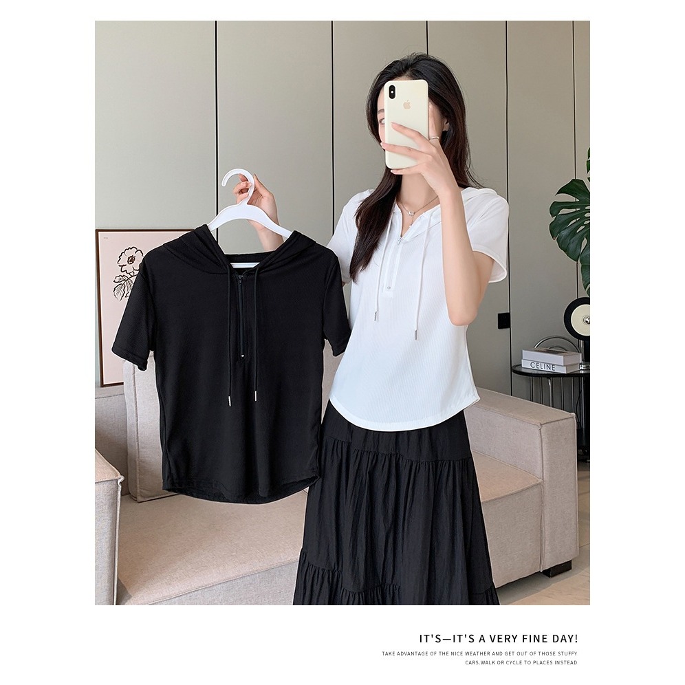 【JDUDS】冰絲半拉鍊連帽短袖T恤 短袖連帽上衣 韓系設計感 春夏款上衣 女短袖T-細節圖5