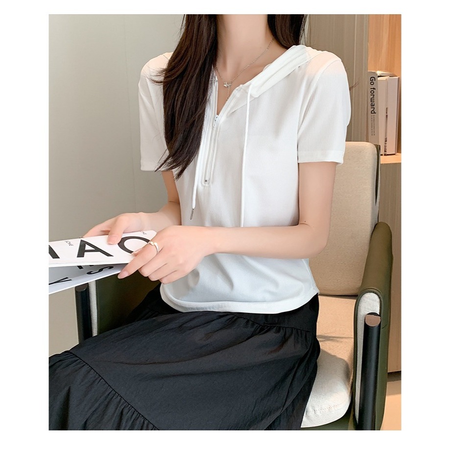 【JDUDS】冰絲半拉鍊連帽短袖T恤 短袖連帽上衣 韓系設計感 春夏款上衣 女短袖T-細節圖6