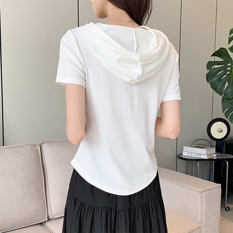 【JDUDS】冰絲半拉鍊連帽短袖T恤 短袖連帽上衣 韓系設計感 春夏款上衣 女短袖T-細節圖8