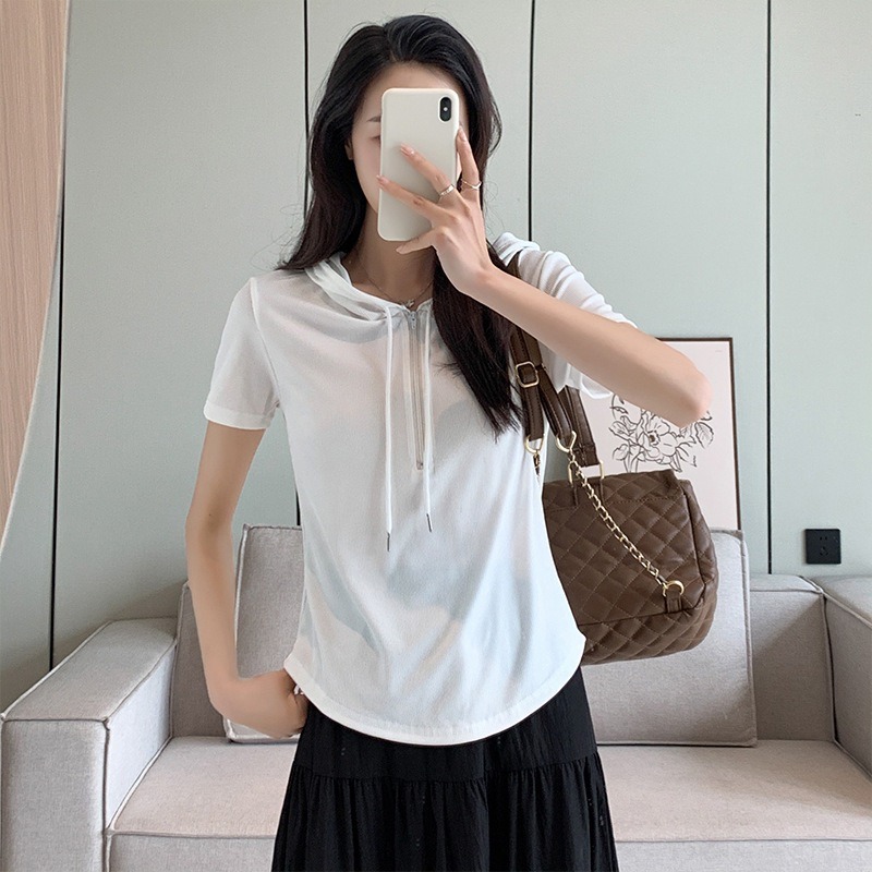 【JDUDS】冰絲半拉鍊連帽短袖T恤 短袖連帽上衣 韓系設計感 春夏款上衣 女短袖T-規格圖10