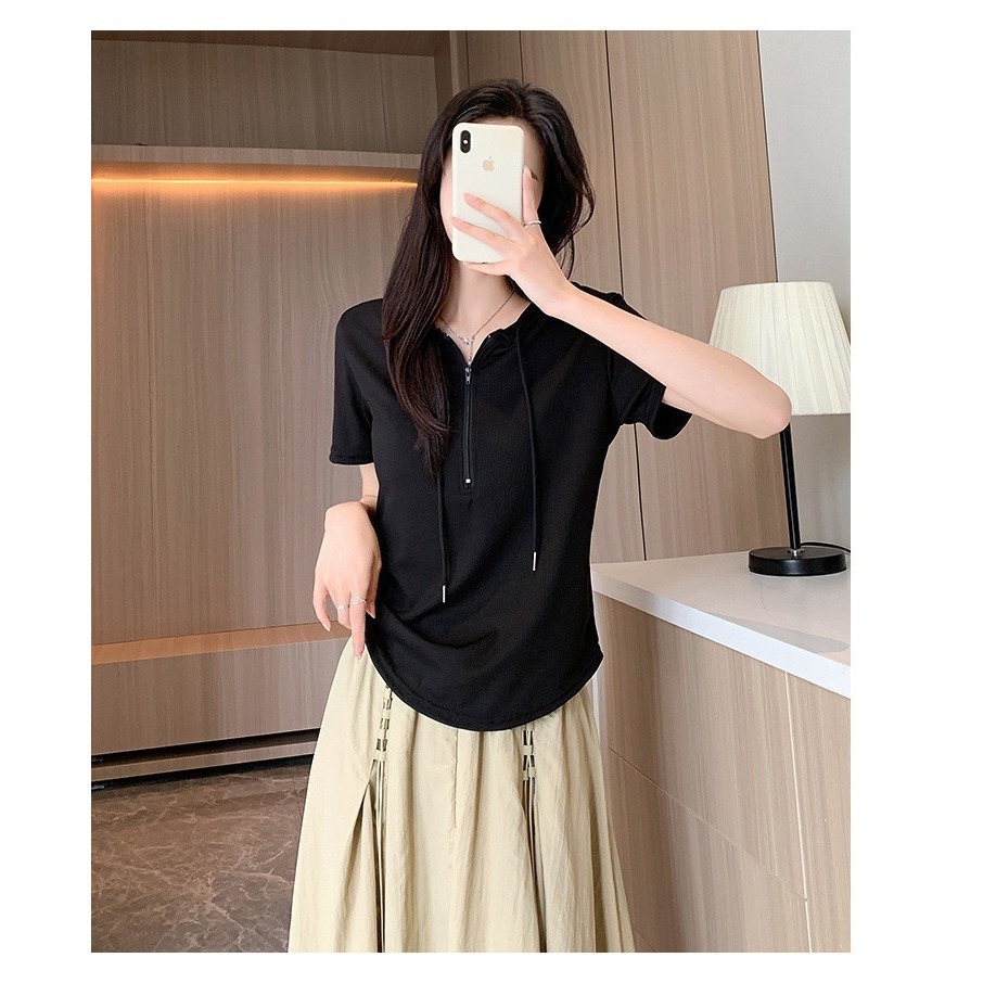 【JDUDS】冰絲半拉鍊連帽短袖T恤 短袖連帽上衣 韓系設計感 春夏款上衣 女短袖T-規格圖10