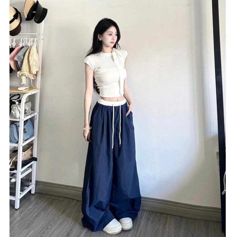 【JDUDS】美式速乾拼接運動褲 春夏薄款 垂墜感 高腰褲 彎刀褲 寬褲 涼涼褲 闊腿褲 女長褲-細節圖6