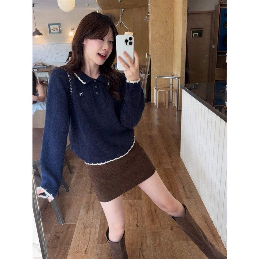 【菲灰及白】預購款_甜美翻領刺繡長袖針織毛衣-細節圖2