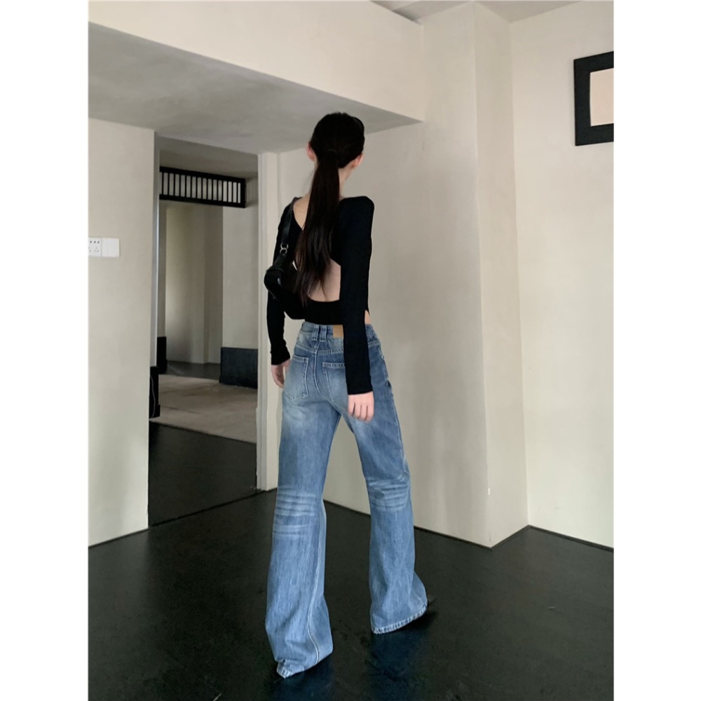 【菲灰及白】預購款_美式低腰拖地高個子微喇叭褲牛仔褲長褲-細節圖3