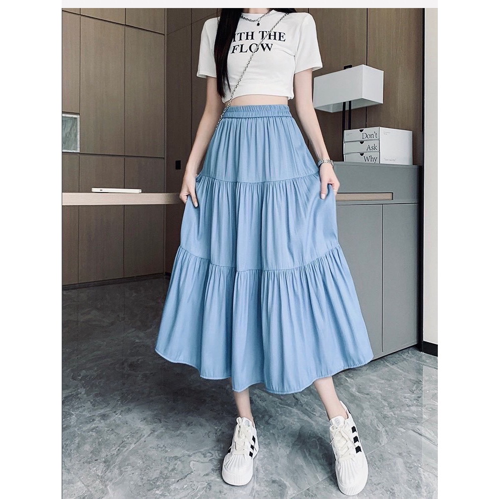 韓版鬆緊腰冰絲天絲牛仔裙-細節圖2