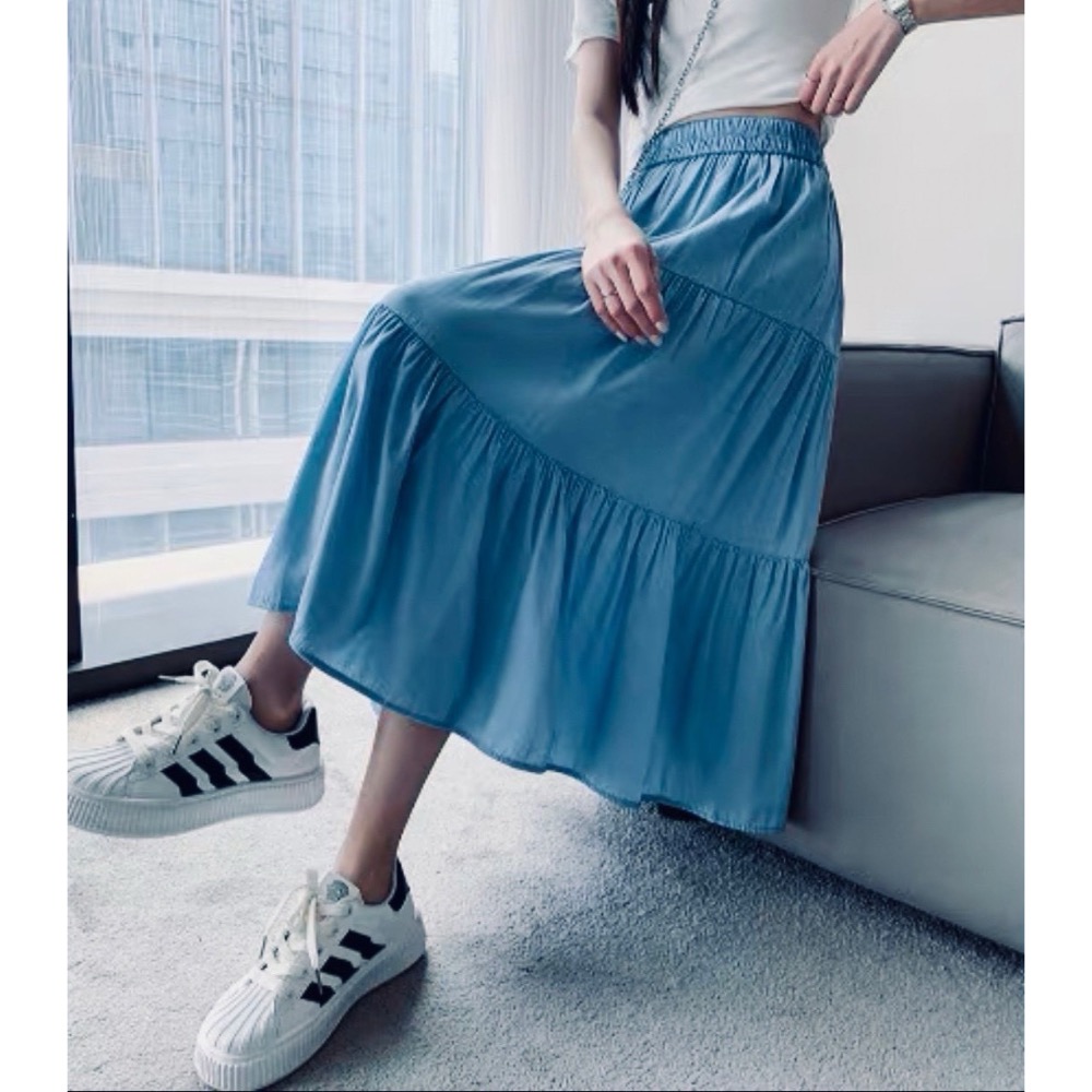 韓版鬆緊腰冰絲天絲牛仔裙-細節圖3