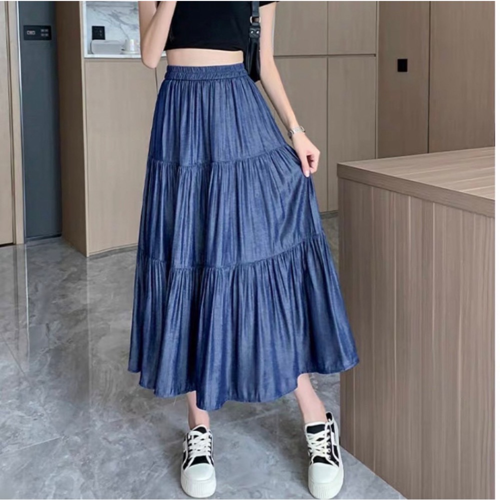 韓版鬆緊腰冰絲天絲牛仔裙-細節圖4