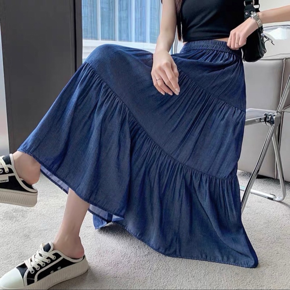 韓版鬆緊腰冰絲天絲牛仔裙-細節圖5