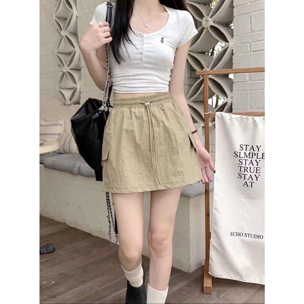 復古鬆緊抽繩工裝裙-細節圖2