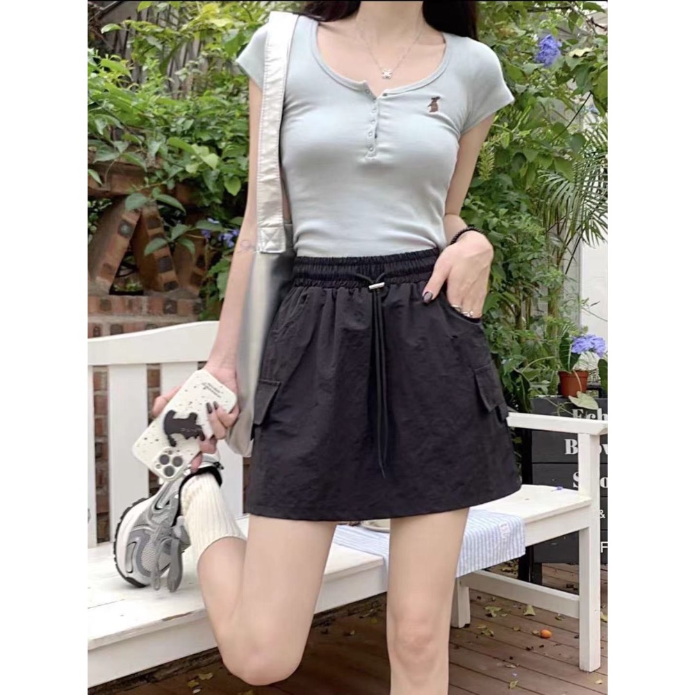 復古鬆緊抽繩工裝裙-細節圖8