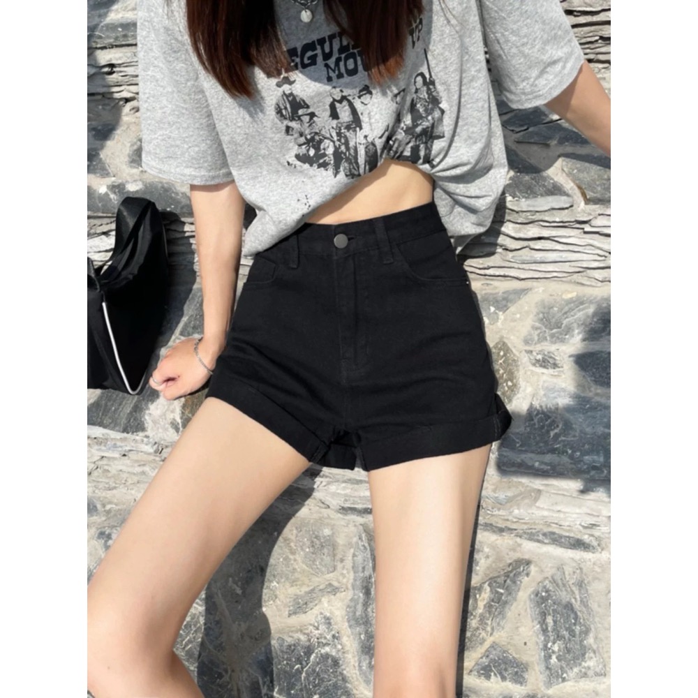 韓系彈力高腰牛仔短褲短褲-細節圖3