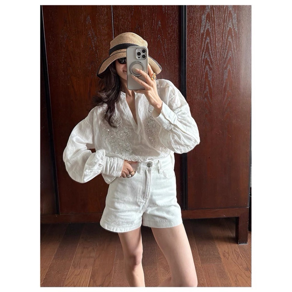 韓系彈力高腰牛仔短褲短褲-細節圖4