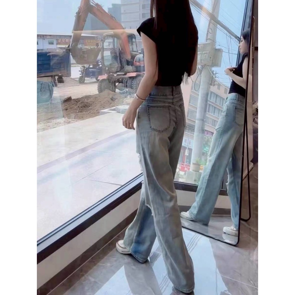 韓系高腰破壞直筒牛仔褲-細節圖3
